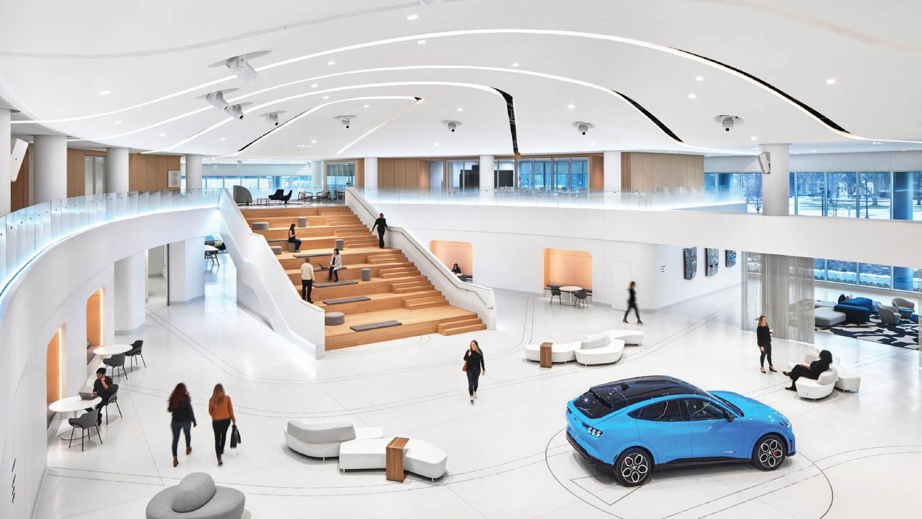 Energy-efficient commercial LED lighting fixtures installed in office or retail space