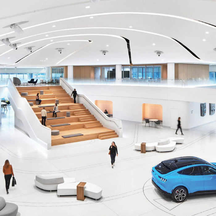 Energy-efficient commercial LED lighting fixtures installed in office or retail space