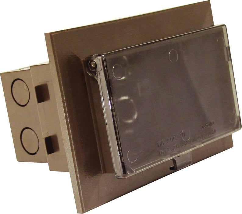Arlington DBHB1BRC recessed electrical box with clear weatherproof cover, rear angled view.