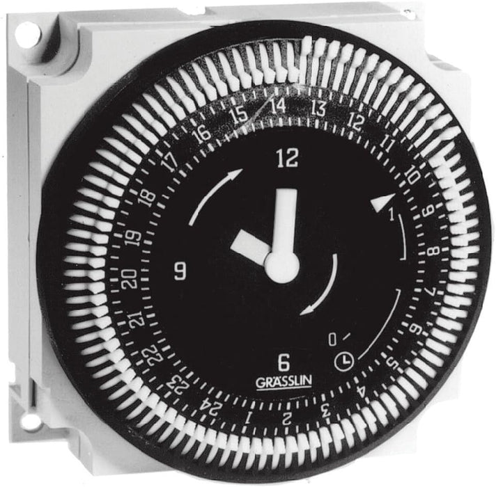 Graesslin FM1STUZ-24U 24V electromechanical panel mount timer, front view.