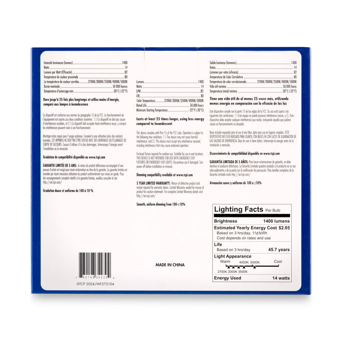 TCP LEDDR56BVCCT5 5/6" Residential 14W LED Downlight Retrofit E26 Base CCT Selectable