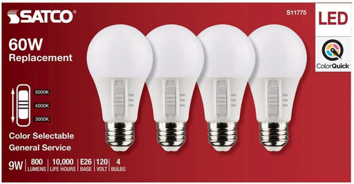 SATCO S11775 9W A19 LED Bulb 3CCT Selectable E26 4-Pack