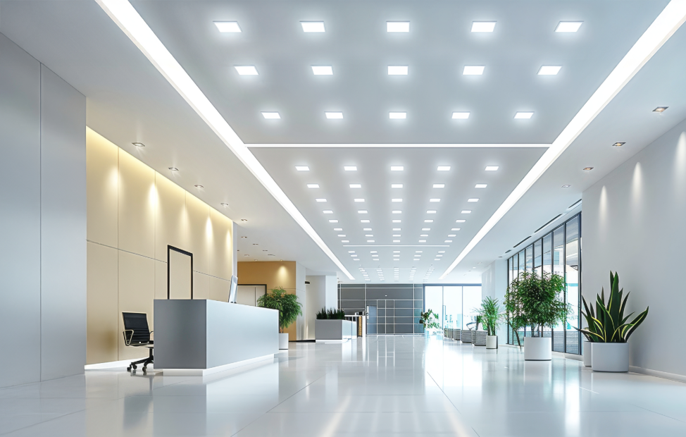 Office interior lighting with sleek LED ceiling fixtures