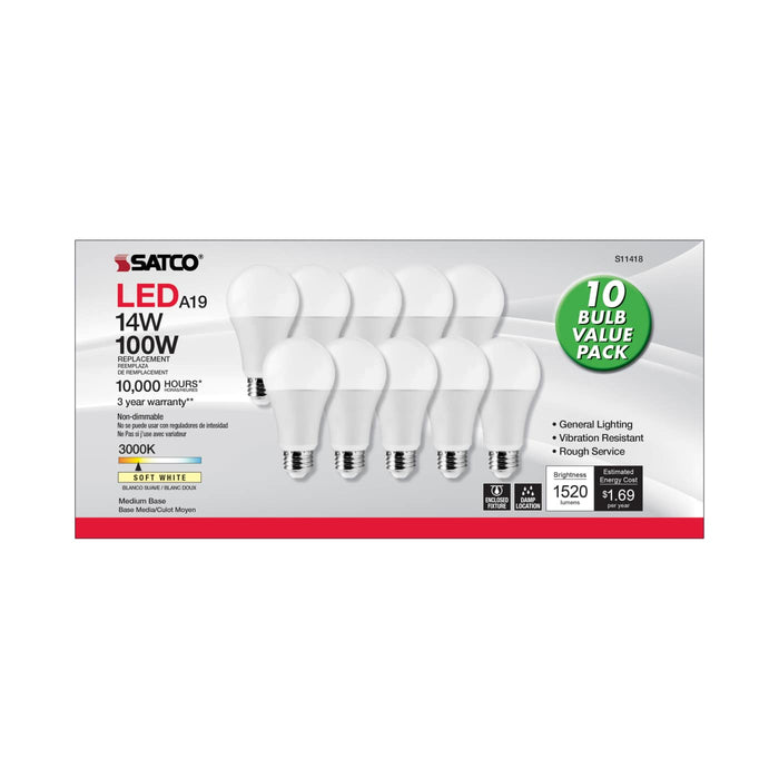 SATCO S11418 A19 LED Bulb 14W 3000K E26 10 Pack 120V