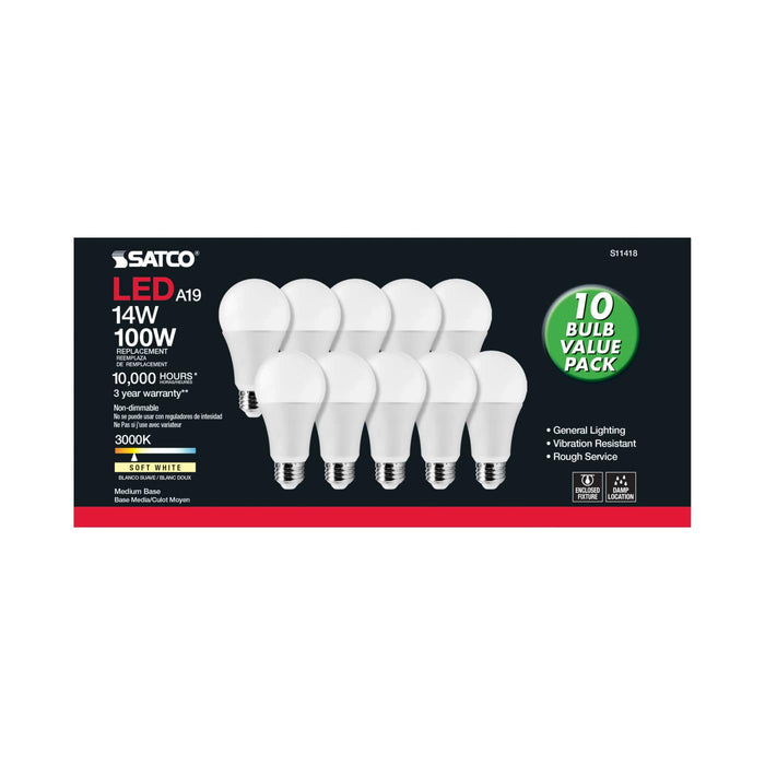 SATCO S11418 A19 LED Bulb 14W 3000K E26 10 Pack 120V