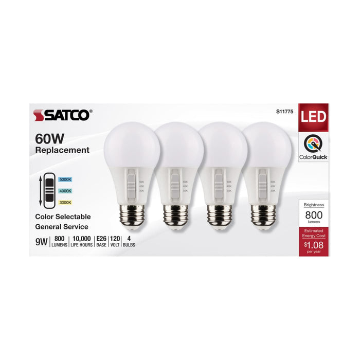 SATCO S11775 A19 LED Bulb 4-Pack with selectable 3000K 4000K 5000K
