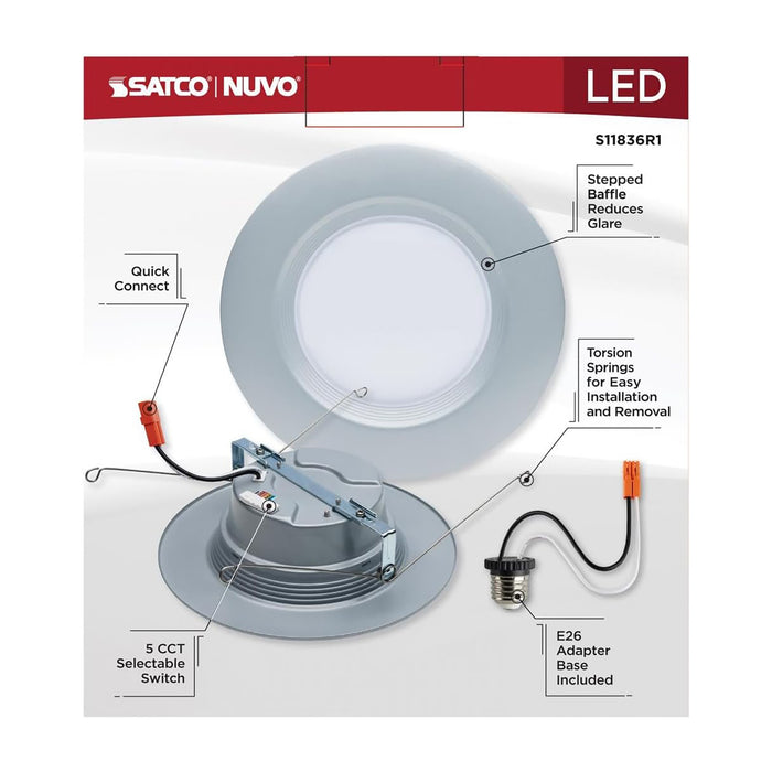 SATCO 9 WATT; LED DOWNLIGHT RETROFIT; 5-6 INCH; CCT SELECTABLE; 120 VOLTS; BRUSHED NICKEL FINISH