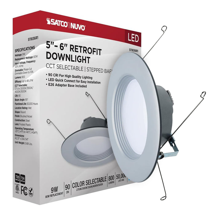 SATCO 9 WATT; LED DOWNLIGHT RETROFIT; 5-6 INCH; CCT SELECTABLE; 120 VOLTS; BRUSHED NICKEL FINISH