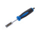 Nut driver with black and blue ergonomic grip, metal socket shaft, and threaded handle end, close-up angled view.