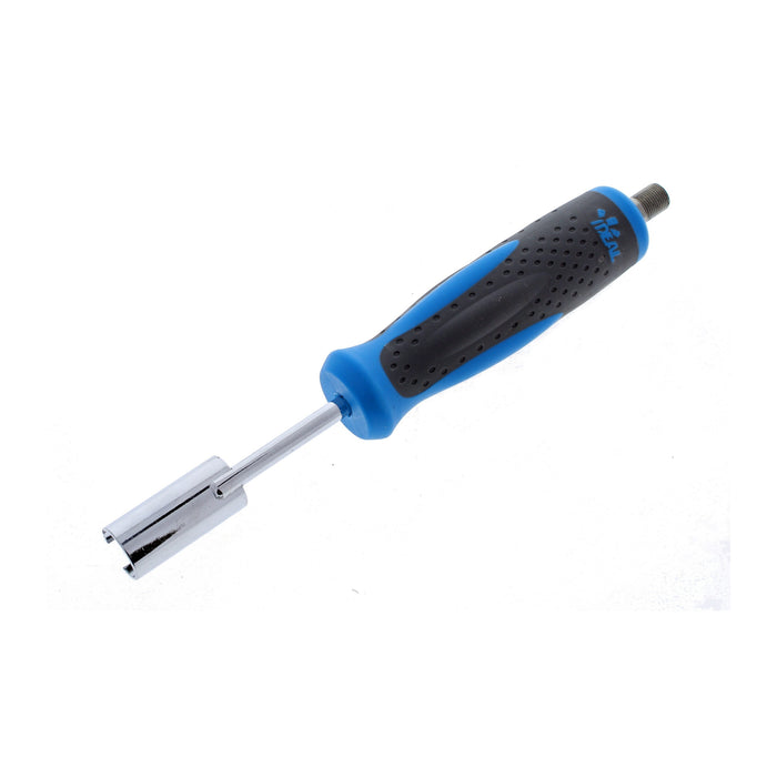 IDEAL nut driver with blue and black ergonomic handle, metal shaft, and hollow socket, angled view