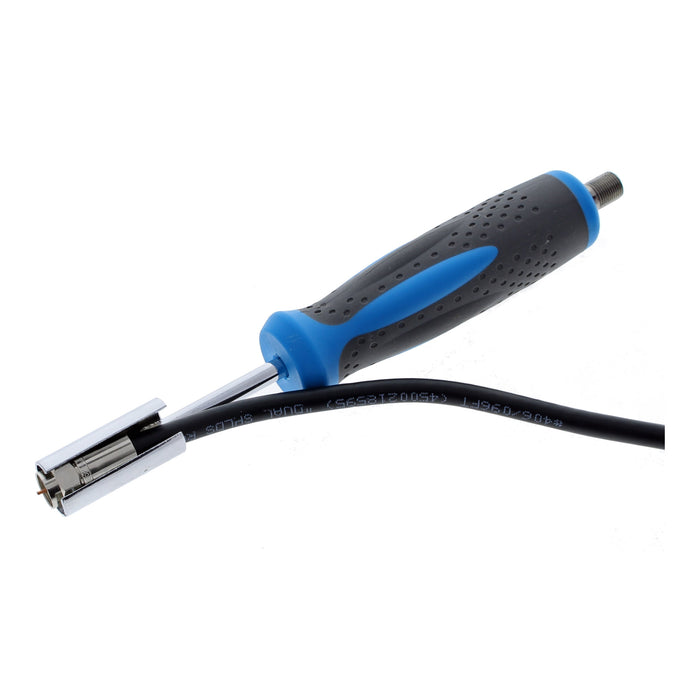 IDEAL nut driver with blue and black ergonomic handle shown engaging a coaxial cable connector.
