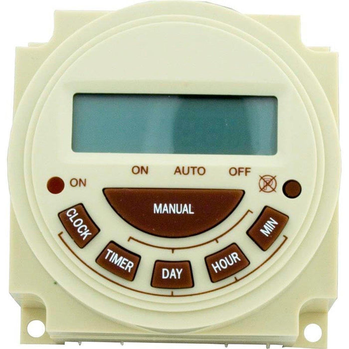 Intermatic PB374E electronic timer showing LCD display and ON, AUTO, OFF controls.