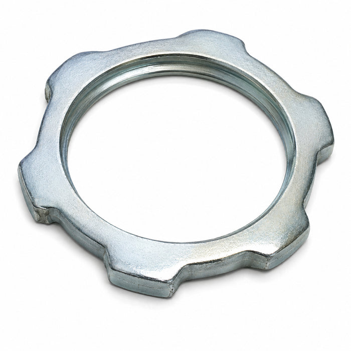 Arlington 404 1-1/4-inch plated steel conduit locknut, front view.