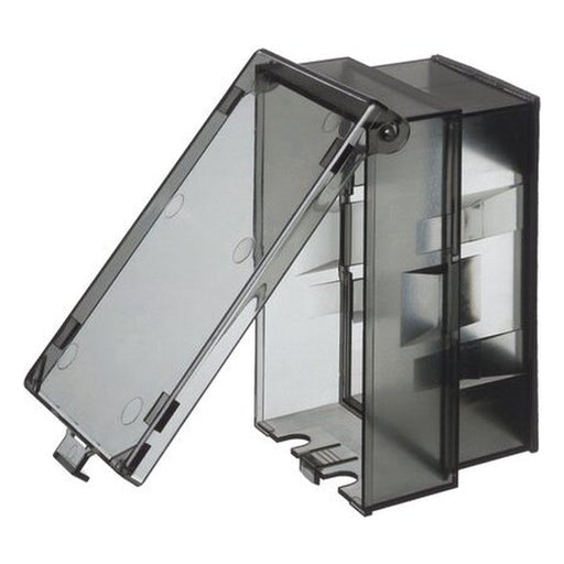 Arlington 61HC clear horizontal low-profile IN-AND-OUT weatherproof outlet cover shown open.