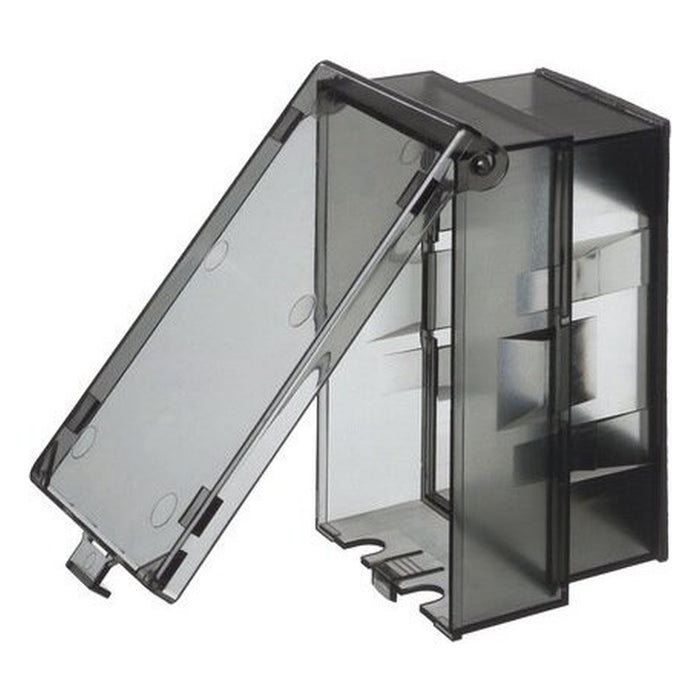 Arlington 61HC clear horizontal low-profile IN-AND-OUT weatherproof outlet cover shown open.