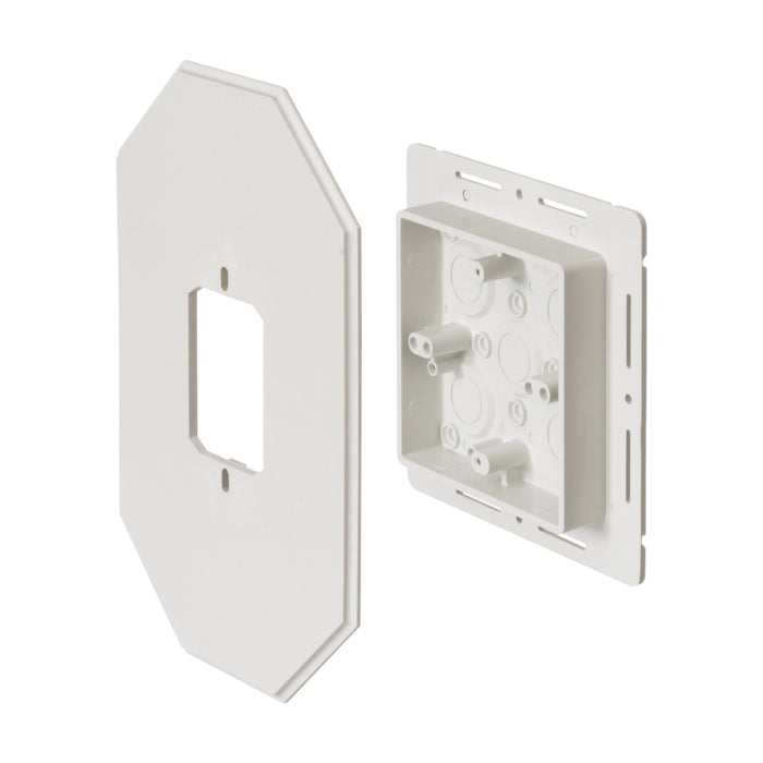 Arlington 8081FDBL fixture siding box kit angled view showing mounting block and built-in electrical box.