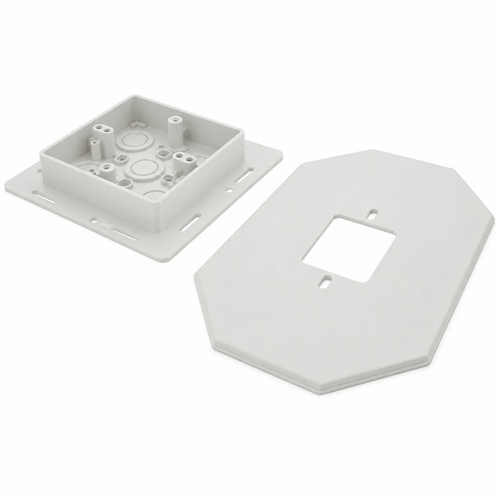 Arlington 8081FDBL large fixture siding box mounting components shown separated for installation.