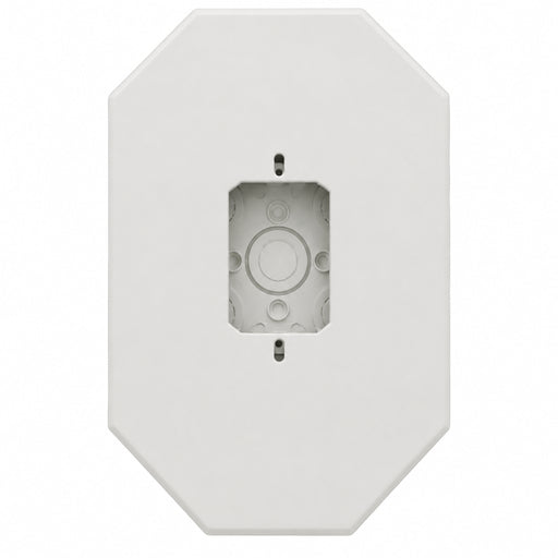 Arlington 8081FDBL white fixture siding mounting block shown with an installed exterior electrical device.