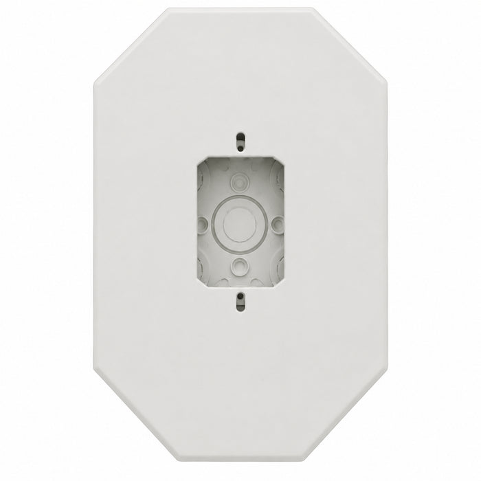 Arlington 8081FDBL white fixture siding mounting block shown with an installed exterior electrical device.