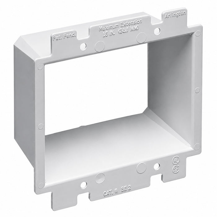 Arlington BE2 2-gang non-metallic electrical box extender for recessed boxes up to 1-1/2 inches.