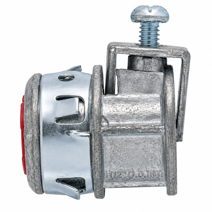 Arlington SG38AST 3/8-inch Saddle Grip Snap-Tite connector with zinc die-cast body and red insulated throat.