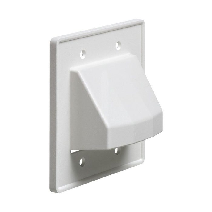 Arlington CE2 2-gang reversible low-voltage cable entrance plate, white, front angled view.