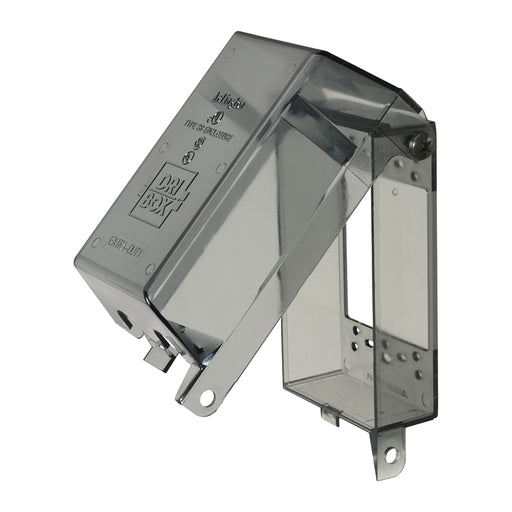 Arlington DBPV1C single-gang Dri-Box adapter with clear weatherproof cover in vertical-mount configuration.