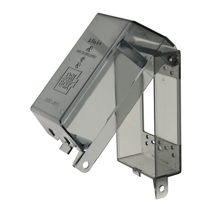 Arlington DBPV1C single-gang Dri-Box adapter with clear weatherproof cover in vertical-mount configuration.