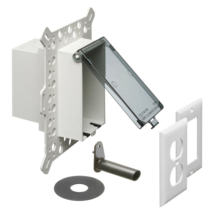 Arlington DBVM1C 1-gang recessed outdoor electrical box with clear weatherproof in-use cover and installation components.