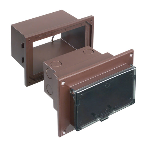 Arlington DHB1BRC low-profile In Box kit with brown recessed box and clear weatherproof cover.
