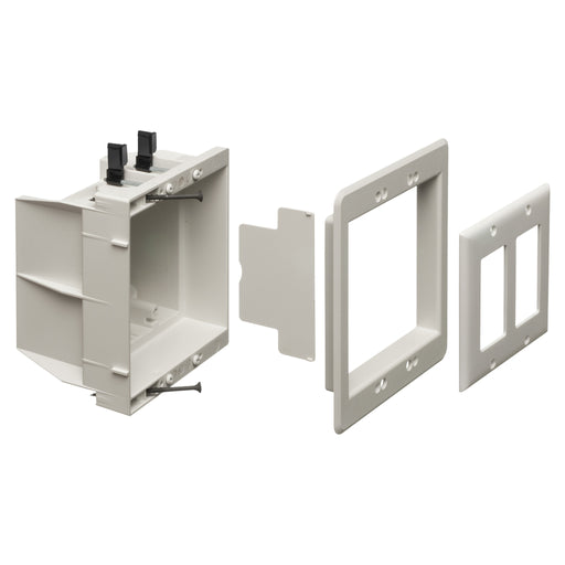Arlington DVFR2W white 2-gang recessed indoor electrical box with trim and device face plates.