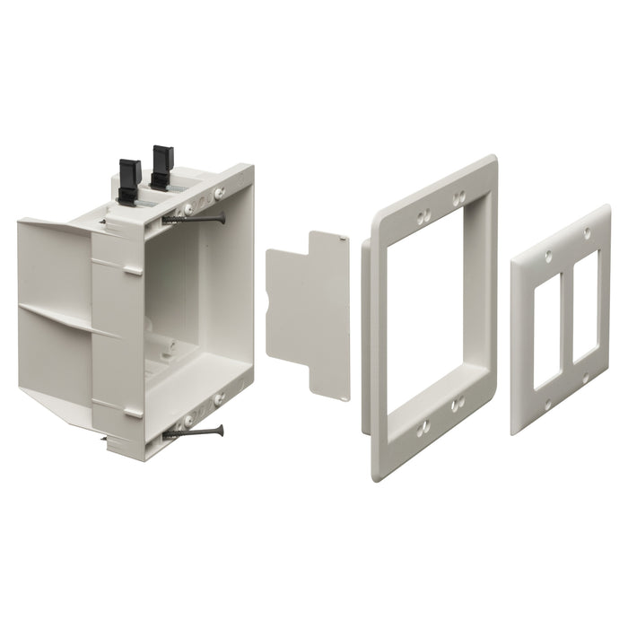 Arlington DVFR2W white 2-gang recessed indoor electrical box with trim and device face plates.
