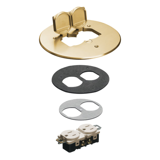 Arlington FLB6230MB 6-inch round brass floor box cover kit with two flip lids, gasket plates, and receptacle.