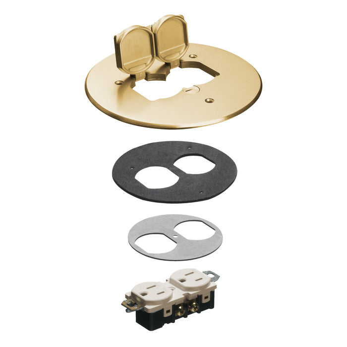 Arlington FLB6230MB 6-inch round brass floor box cover kit with two flip lids, gasket plates, and receptacle.