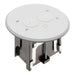 Arlington FLBAR101W white round floor box cover installed flush in carpet.