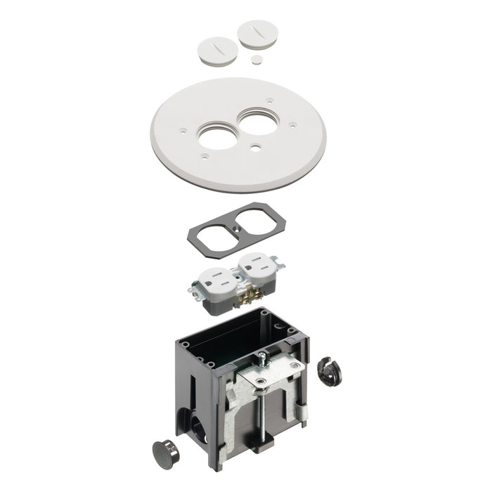 Arlington FLBAR101W 5.8-inch round adjustable floor box kit, white, exploded view showing cover, receptacle, and box components.