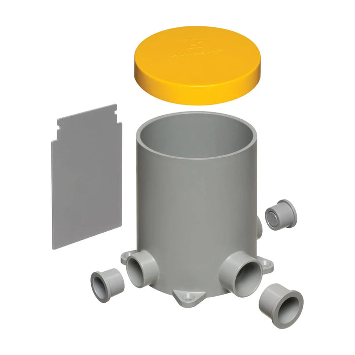 Arlington FLBC4500 4.5-inch round concrete floor box with gray non-metallic housing, four conduit hubs, yellow pour cap, and divider plate.