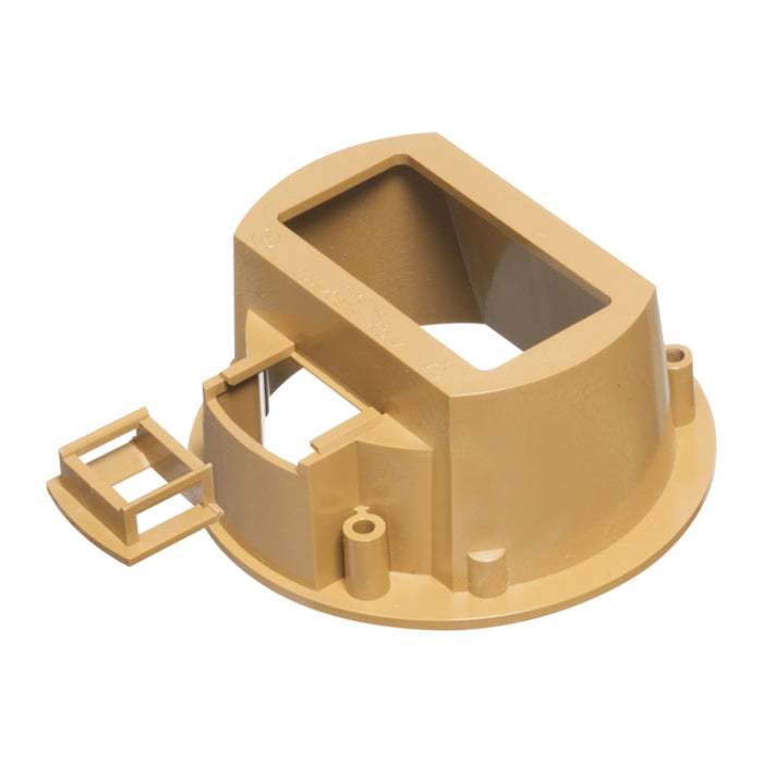Arlington FLBC4560DMB brass floor box assembly shown from the underside with recessed housing.