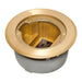 Arlington FLBC4560DMB round brass floor box cover shown installed with recessed receptacle opening.