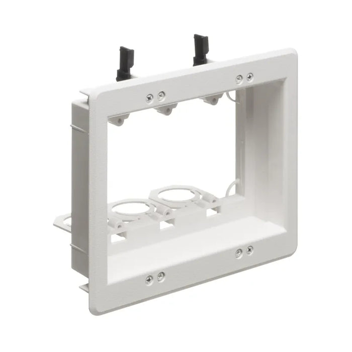 Arlington LVU3W 3-gang recessed low-voltage mounting bracket in white with open-frame design and adjustable mounting hardware.