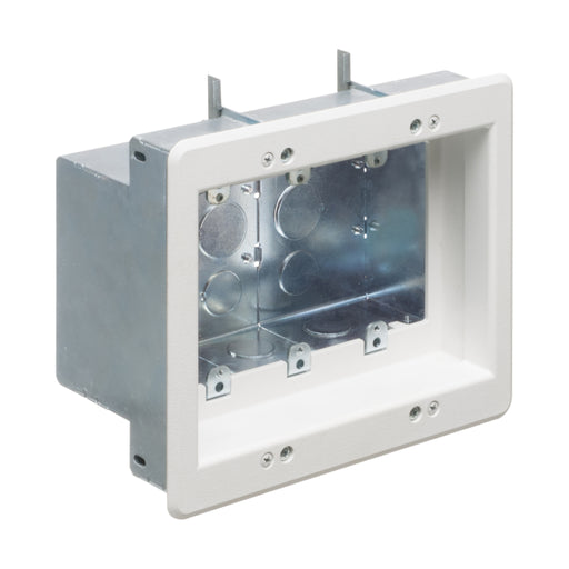 Arlington TVBS507 3-gang recessed steel TV box with white trim plate, front angled view showing recessed wiring enclosure.