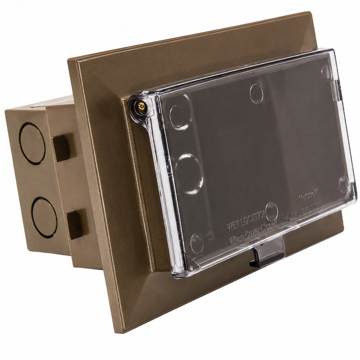 Arlington DBHB1BRC recessed electrical box with clear weatherproof cover, rear angled view.
