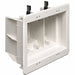 Arlington DVFR2W recessed 2-gang electrical box kit showing white box, trim plate, and face plates.