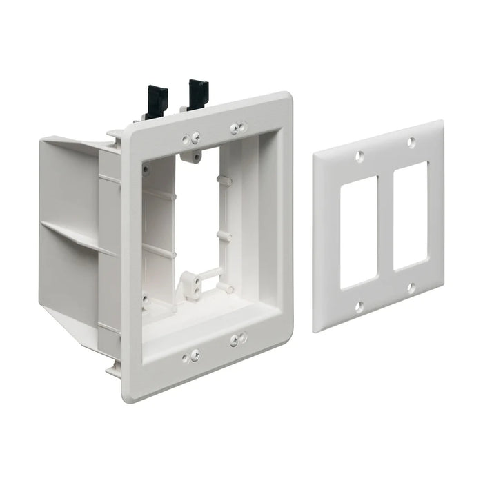 Arlington TVBU505K white recessed TV box installed with power receptacle and low-voltage cables.