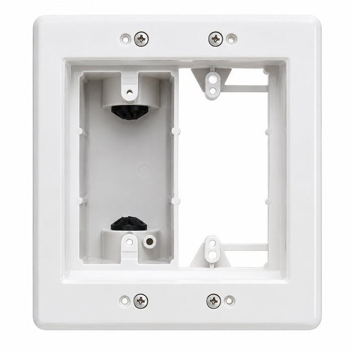 Arlington TVBU505K 2-gang recessed TV box with power outlet and low-voltage cable connections.