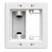 Arlington TVBU505K 2-gang recessed TV box with power outlet and low-voltage cable connections.