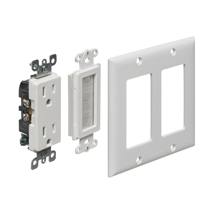 Arlington TVBU505K recessed TV box kit showing box, mounting frame, receptacle, and wall plate components.