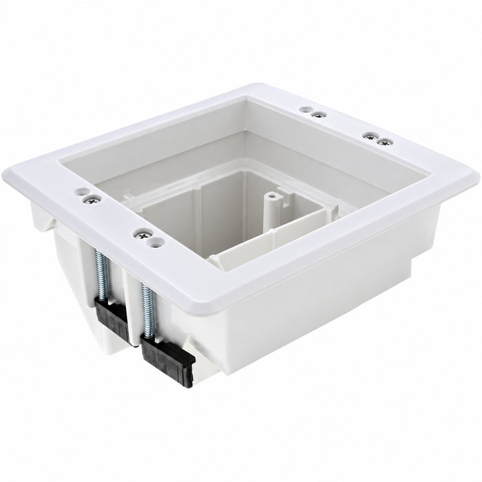 Arlington TVBU505K white 2-gang recessed TV box kit components, alternate exploded view.