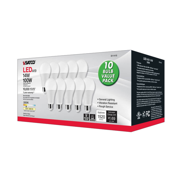 SATCO S11418 A19 LED Bulb 14W 3000K E26 10 Pack 120V