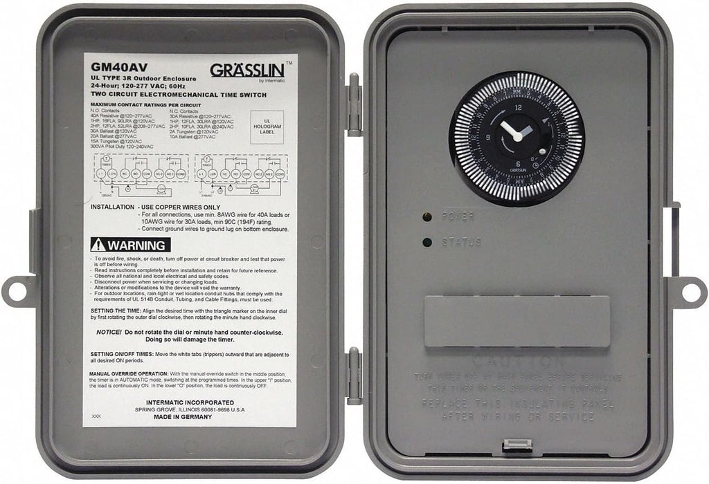 Intermatic GM40AV electromechanical time switch shown with enclosure open and closed views.